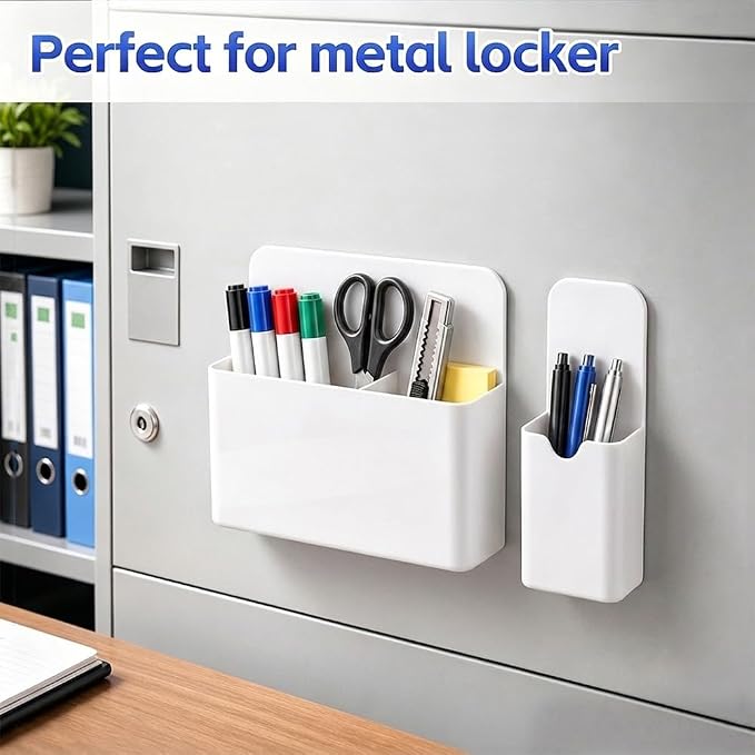Magnetic Pen Holder, 2 Pack Magnetic Dry Erase Marker Holder with Compartments, Magnetic Marker Holder Pen Pencil Organizer for Whiteboard, Refrigerator, Classroom, Office, Locker Accessories, White
