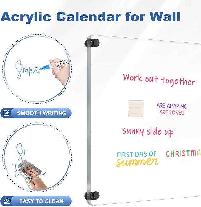 Clear Acrylic Dry Erase Board, 24" X 16" (Black) | Non-Magnetic Frameless Clear White Board for Wall, Erasable Acrylic Board for Wall, Home, Office, School, 2 Markers
