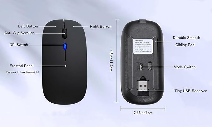 Wireless Bluetooth Mouse Rechargeable Laptop Mice with LED Lights Silent Slim Use(BT5.2 and 2.4G Portable USB) Dual Mode Computer Mouse for Laptop/iPad/Tablet/Apple/Computer/Mac (Black)