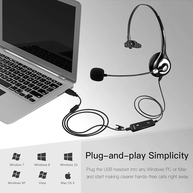 Wantek USB Headset with Microphone Noise Cancelling and in-line Controls, PC Headphone for Skype SoftPhone UC Business Call Center, Crystal Clear Chat, Super Lightweight, Ultra Comfort (UC600)