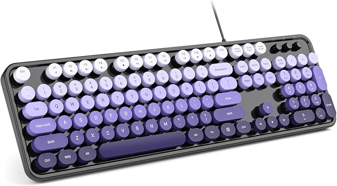 Computer Keyboard Wired, Plug and Play USB Retro Round Typewriter Keyboard, Full Size Wired Keyboard with Foldable Stands for Laptop and Office PC