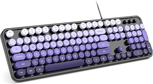 Computer Keyboard Wired, Plug and Play USB Retro Round Typewriter Keyboard, Full Size Wired Keyboard with Foldable Stands for Laptop and Office PC