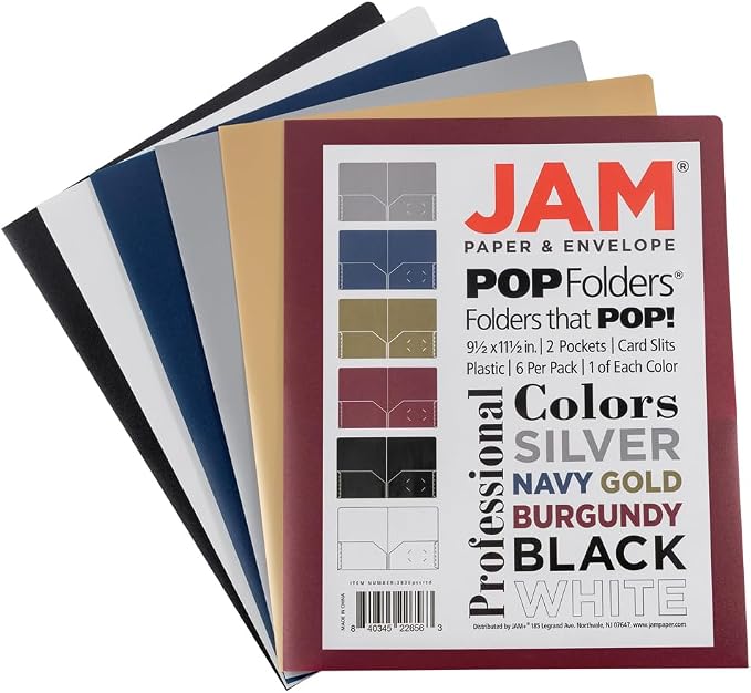 JAM PAPER Plastic 2 Pocket POP Folders - Durable School Folders - Assorted Professional Colors - 6/Pack