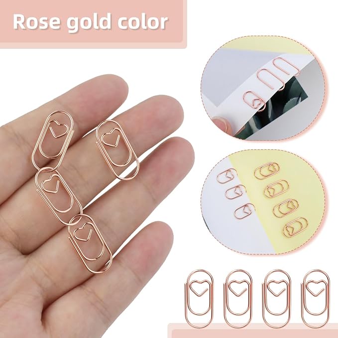 100 Pcs Love Heart Shaped Paper Clips, 0.78inch Cute Mini Paperclips for Office School Home Desk Organizers (Rose Gold)