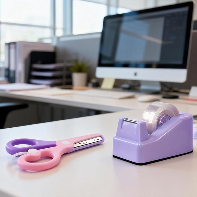 Desktop Tape Dispenser Kits with Weighted Nonskid Base Tape Dispenser- Includes 9 Rolls of Transparent Tape(0.71 Inch x 500 inches Each) & Pink Scissors, 2 Pcs Tweezers (Purple)