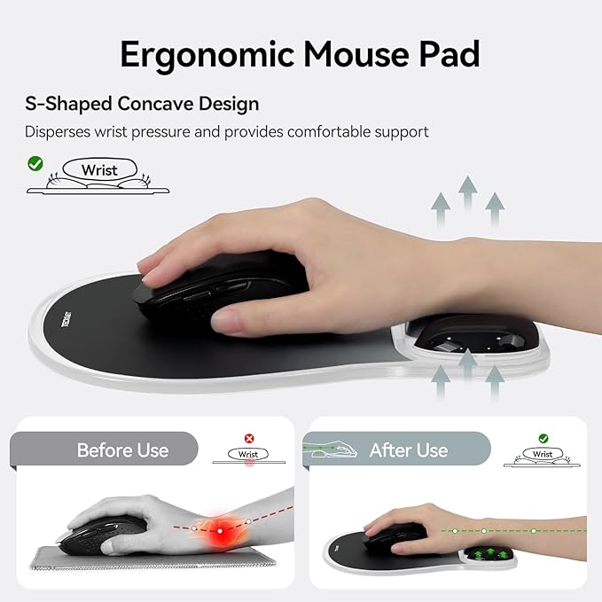TECKNET Gel Mouse Pad with Wrist Support, Ergonomic Mouse Pad with Gel Wrist Support for Relieve Wrist Pain Comfortably - Non-Slip Base & Waterproof Surface for Office, Gaming, Study Comfort - Gray