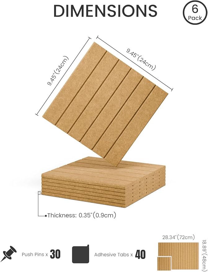 Fluxynara Felt Bulletin Board Tiles -28"x18" with 40 Adhesive Tabs, Cork Board Alternative for Office Decor, Push Pin Board Wall Organizer 6-Pack (Longan Tan)
