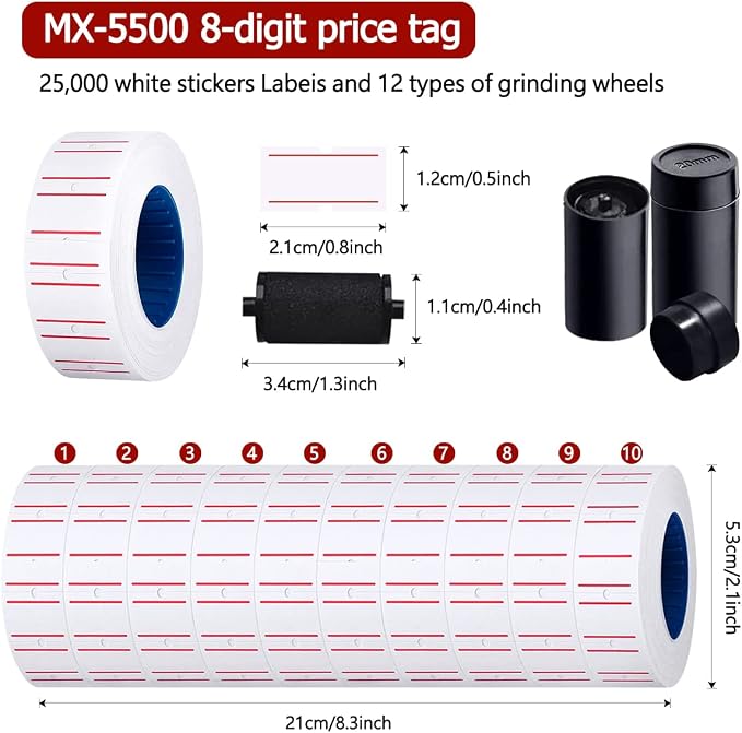 MX-5500 8 Digits Price tag Gun with 5000 Sticker Labels and 3 Ink Refill, Label Maker Pricing Gun Kit Numerical Tag Gun for Office, Retail Shop, Grocery Store (50 Rolls + 12 Refill Ink)