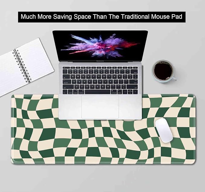 Sage Green Checkered Desk mat, Retro Boho Extra Large Mouse Pad, Abstract Wavy Desk Protector Pad, Minimal Pattern Aesthetic Writing Mat for Computer & Laptop Home Office, 31.5 X 11.8 in