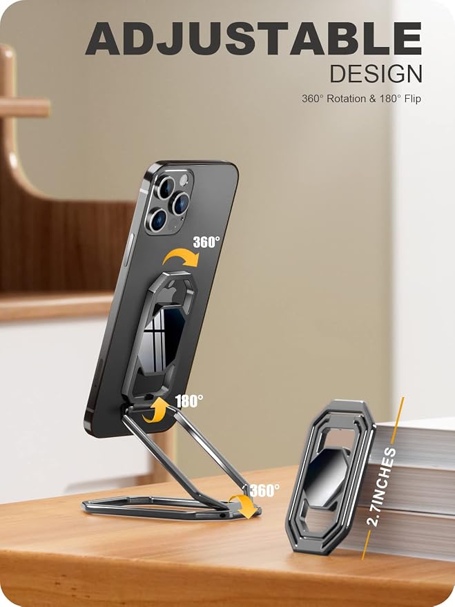 A-LuGei 𝗙𝗼𝗹𝗱𝗮𝗯𝗹𝗲 & 𝗔𝗱𝗷𝘂𝘀𝘁𝗮𝗯𝗹𝗲 Phone Kickstand Ring Holder, Magnetic Cell Phone Grips, Phone Stand for Desk, Adhesive Phone Holder for Hand, 360° Rotation Ring for Back of iPhone Case