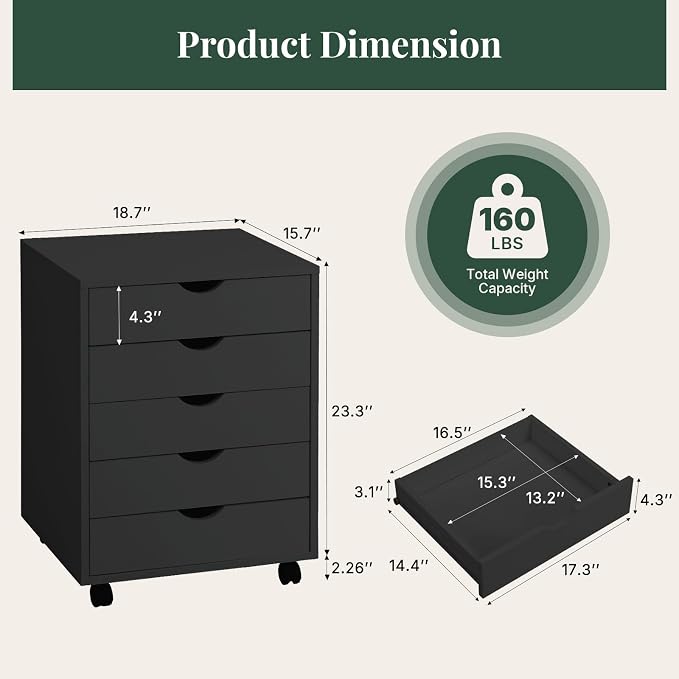 5 Drawer Mobile File Cabinet, Printer Stand with Wheels | Wood Under Desk Storage Cabinet, Rolling Printer Cart, Vertical Filing Chest for Small Space, Home Office, Living Room, Black