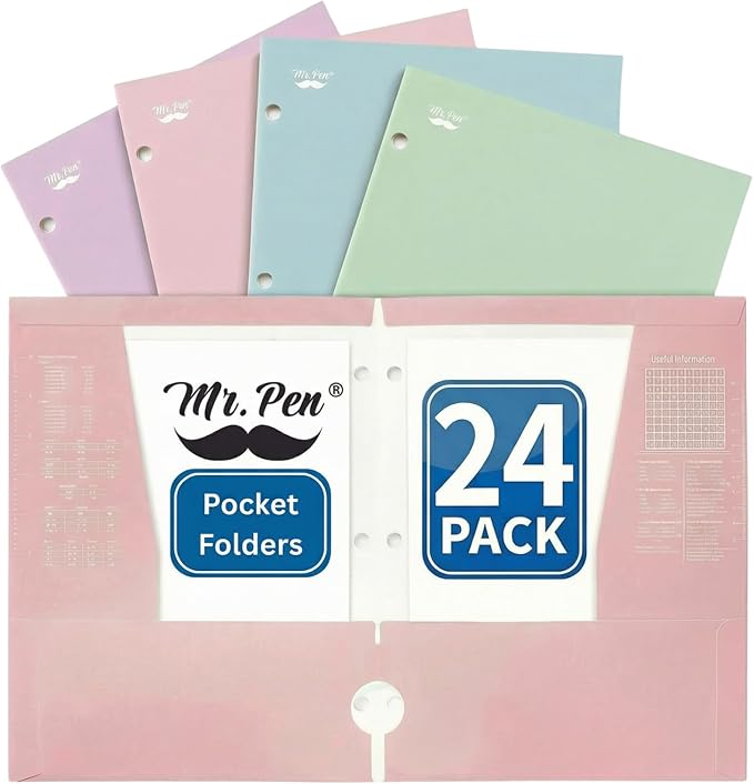 Mr. Pen- Pocket Folders Bulk, 4 Pocket, 24 Pack, Pastel Colors, Folders with Pockets 3 Hole Punched