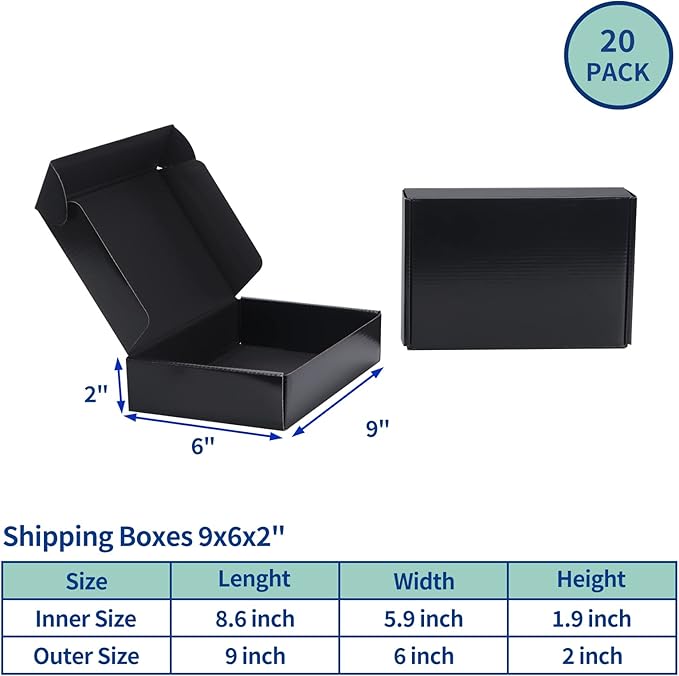 Rempry 9x6x2 Black Shipping Boxes for Small Business 20 Pack, Packaging Cardboard Corrugated Mailer Boxes Gift Boxes for Shipping Mailing