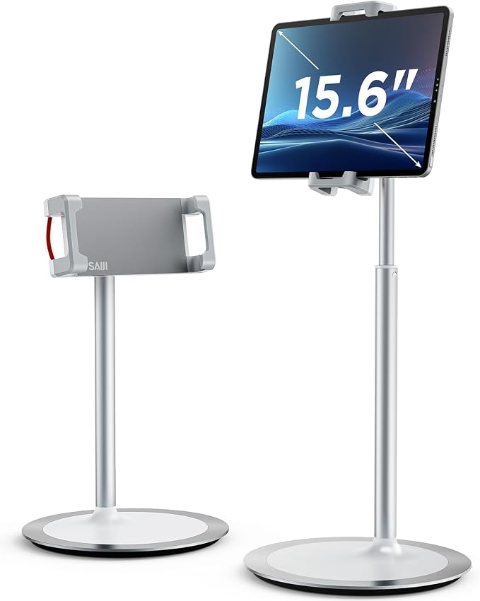 SAIJI iPad Stand for Desk - Height Adjustable & Weighted Base Phone Holder | Aluminum Stand with a 360° Rotating Clamp, Extra Tall, for iPad Air/Pro iPhone & Portable Monitor, Fits 4.7"–15.6" Screens