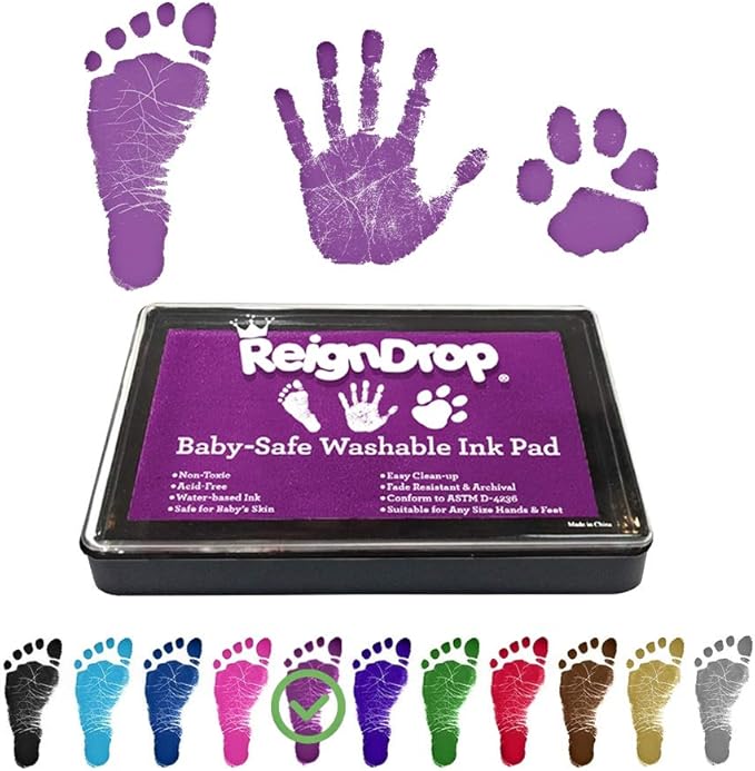 ReignDrop Ink Pad for Baby Footprint & Handprint - Creates Impressive Long Lasting Keepsake Stamp for Infant & Kids. Smudge Proof, Easy to Wipe Off Skin, Safe & Gentle Acid Free(Purple)