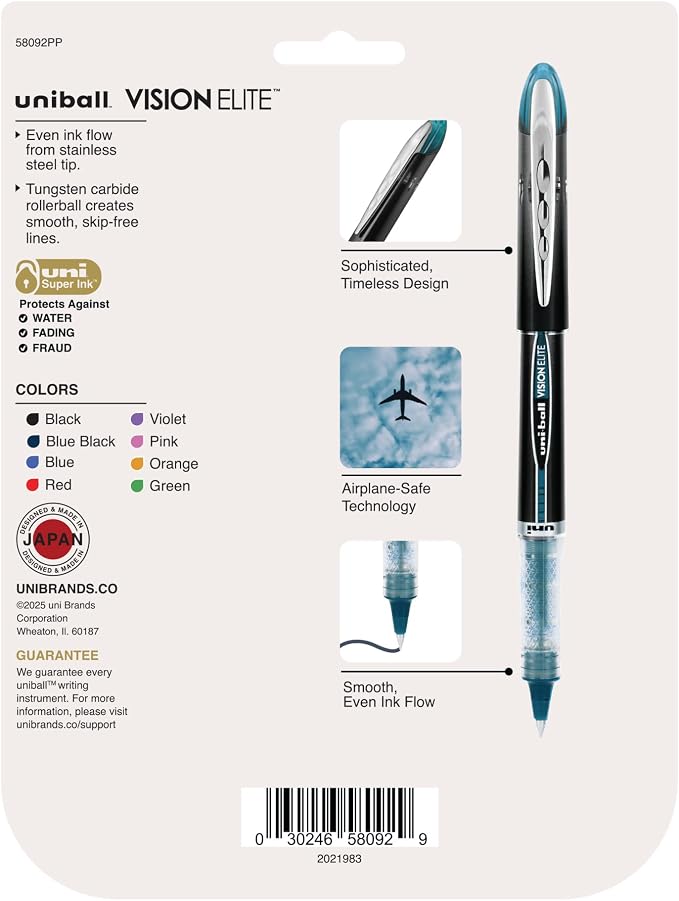 uniball Vision Elite Rollerball Pens, Micro Point (0.5mm), Assorted Colors, 8 Pack