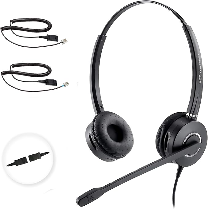 VT Telephone-Headset Microphone Noise-Cancelling Headphone QD - Quick Disconnect Call Center Headset with RJ09 Cables Compatible with Polycom,Yealink,Grandstream,Snom,Fanvil,Mitel Phones (Binaural)
