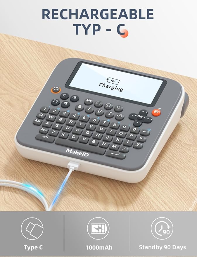 Makeid E1 Portable Label Maker - Bluetooth Compatible Thermal Printer - QWERTY Keyboard, 4.42" LCD Screen - Prints 9mm, 12mm, 16mm Clear Waterproof Sticker Labels - Includes USB Cable