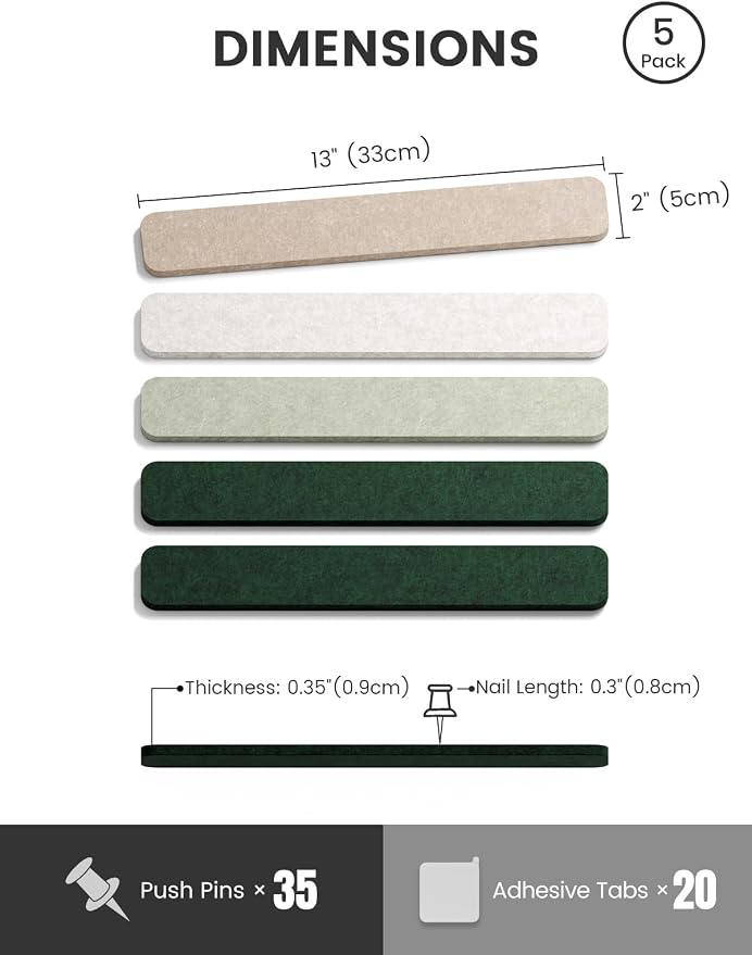 Fluxynara 13" x 2" Felt Wall Panels, Nordic Moss | 5-Pack Includes 35 Push Pins and Adhesive Tabs for Photos, Notes and Decor in Bedroom Doors, Home Office or Studios