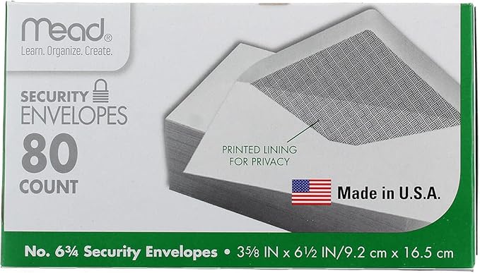 Mead #6-3/4 Envelopes, 3-5/8" x 6-1/2", Security Printed Lining for Privacy, Gummed Closure, White All-Purpose 20-lb Paper Mailing Envelopes, 80 Count (75212)