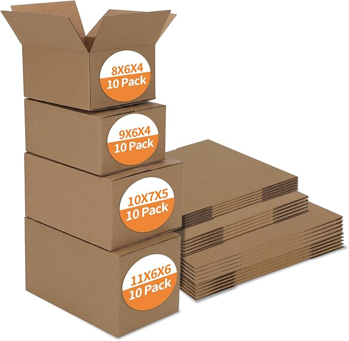 Hoikwo 20 Packs Shipping Boxes Mixed Sizes | 5 PCS Each of 11x6x6, 10x7x5, 9x6x4, 8x6x4 Brown Cardboard Box for Small Business Packaging and Mailing