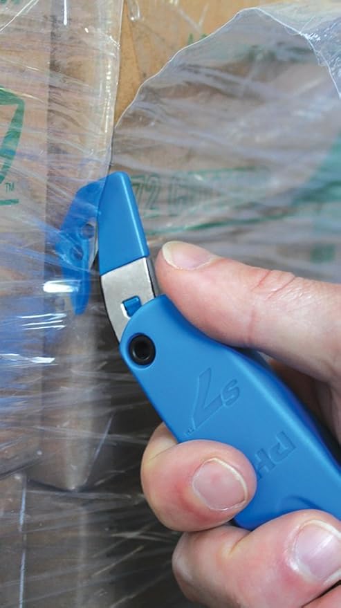 Pacific Handy Cutter S7 Safety Cutter, 3-in-1 Self-Retractable Utility Knife with Fold-Out Film Cutter, Bladeless Tape Splitter, Guard for Safety & Damage Prevention , Blue