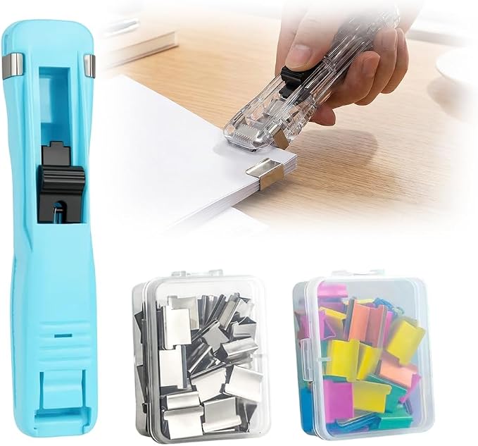 Portable Binder Clip Stapler, 2026 New Portable Office Tool, Durable Desk Organizer for Study Room, 100 Metal Refill Clips (50 Silver + 50 Color) for Home (1, Light Blue)