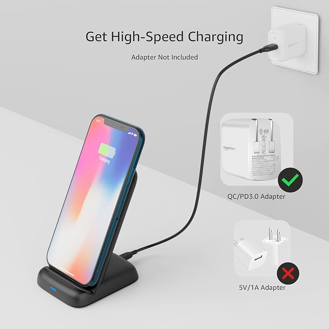 Amazon Basics Wireless Phone Charger Stand, 10W Qi Certified with USB Cable, Compatible with iPhone 16/15/14/13/12/11/X, Samsung & More, with USB Cable, Black (No AC Adapter)