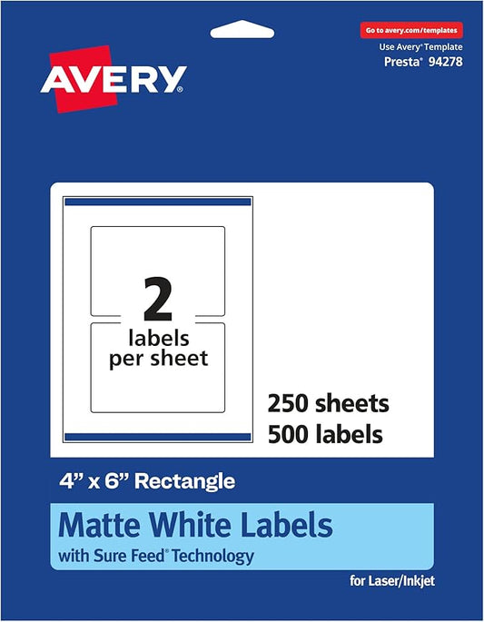 Avery Matte White Rectangle Labels, Sure Feed Technology, 4" x 6", 500 White Labels, Print-to-The-Edge, Permanent Adhesive, Laser/Inkjet Printable