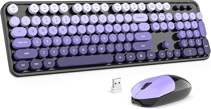 MOFII Wireless Keyboard and Mouse Combo, 2.4GHz Retro Typewriter Keyboard Full Size, Cute Wireless Mice, USB Dongle Plug and Play, for Laptop, PC, Desktop, Windows (Black Purple Gradient Color)