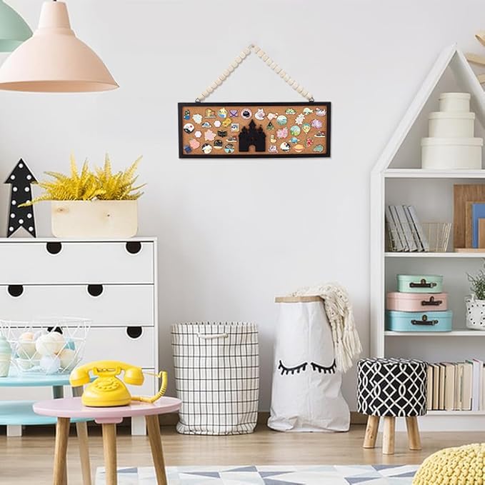 BENECREAT Rectangle Castle Pin Board Cork Board, 5.5x15inch Bulletin Display Board Wall Mounted Cork Board with Black Frame and White Beads for Brooch Pin Storage Display