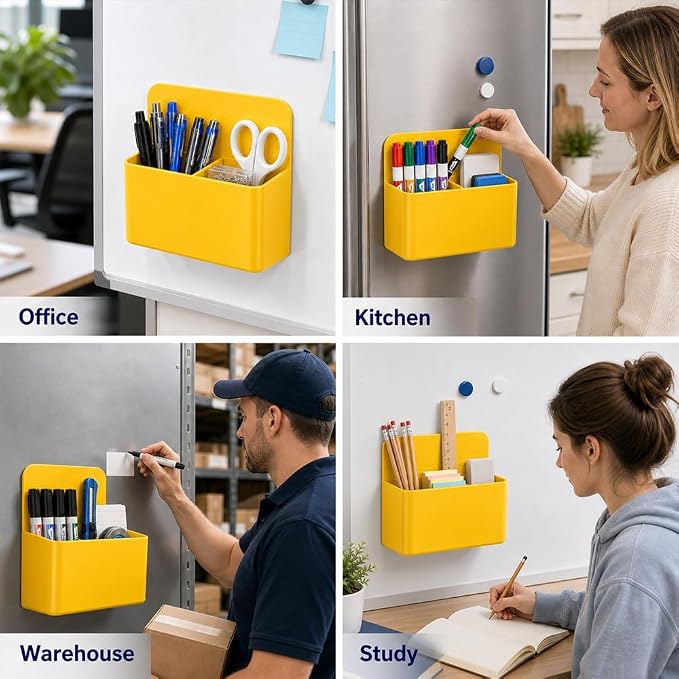 Magnetic Pencil Pen Holder, 2PCS Dry Erase Marker Holder for Whiteboard, Yellow Magnet Storage Pencil Cup Case Box Fridge Organizers Locker Accessories for Office School Classroom Teacher Must Haves