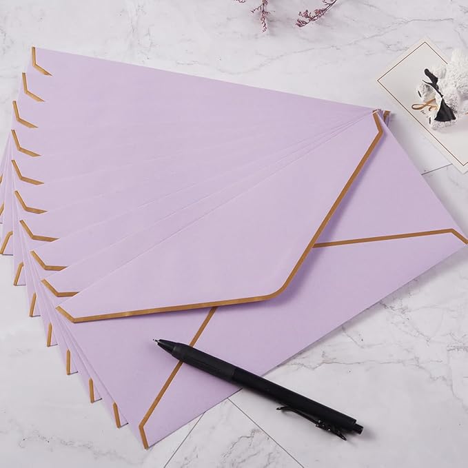 50 Pack #10 Business Envelopes with Gold Border, Self Seal Standard Envelopes with Gold Stickers for Office, Checks, Letter Mailing, Invoices, 4 1/8 x 9 1/2 Inches (Light Purple)