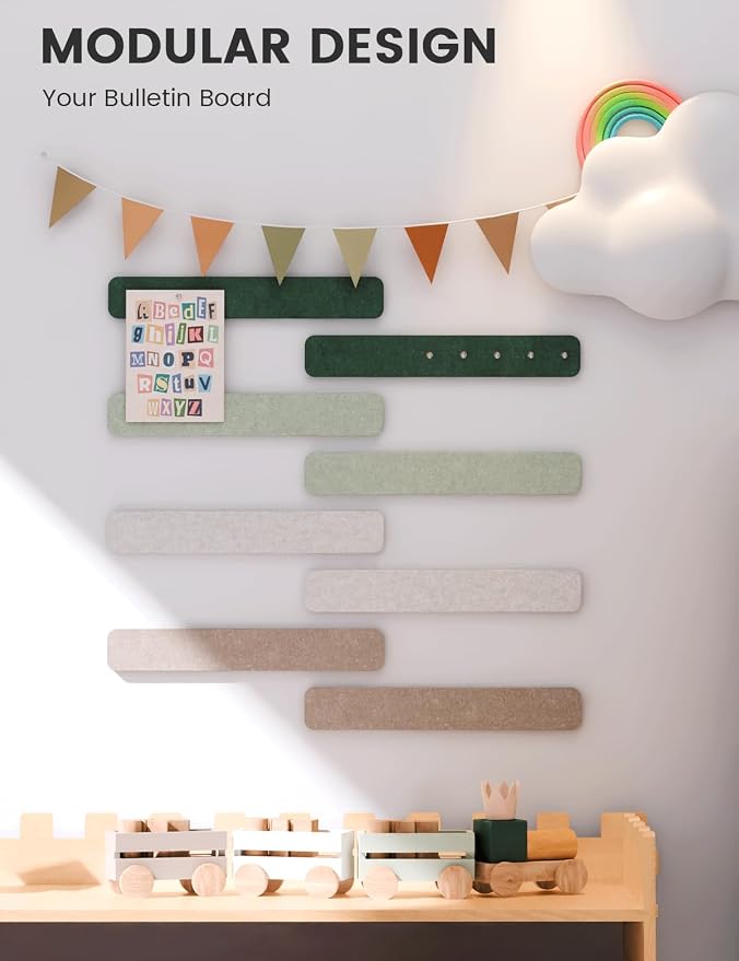 Fluxynara 13" x 2" Felt Wall Panels, Nordic Moss | 8-Pack Includes 50 Push Pins and Adhesive Tabs for Photos, Notes and Decor in Bedroom Doors, Home Office or Studios