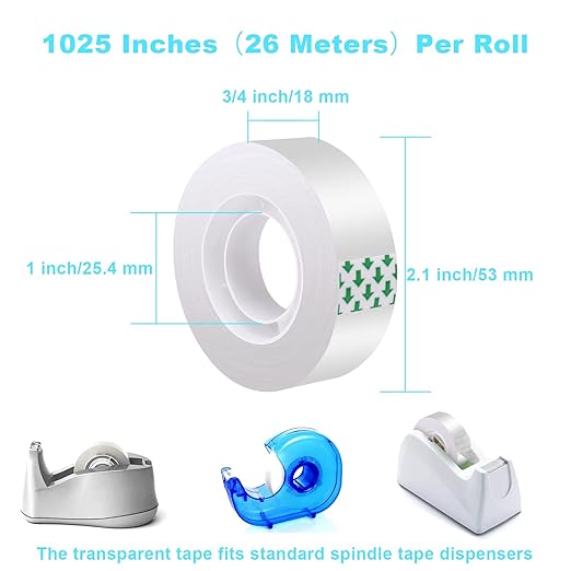 Clear Tape 16 Rolls - Transparent Gift Wrapping Tape Refills, Premium Adhesive for Gifts, Office Tapes Bulk, Desk & Home Supplies - Gift Wrap Tape Rolls