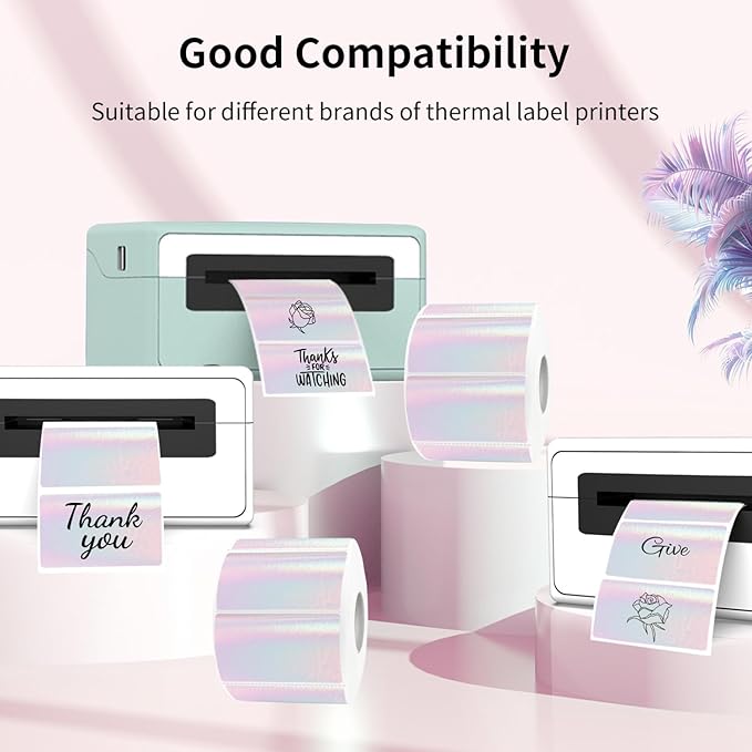 Transparent Thermal Labels Stickers, 2.25 x 1.25 Inch Clear Thermal Labels, Transparent Holographic Pink Direct Thermals Label, Perforation Line Design- 200 Sheets