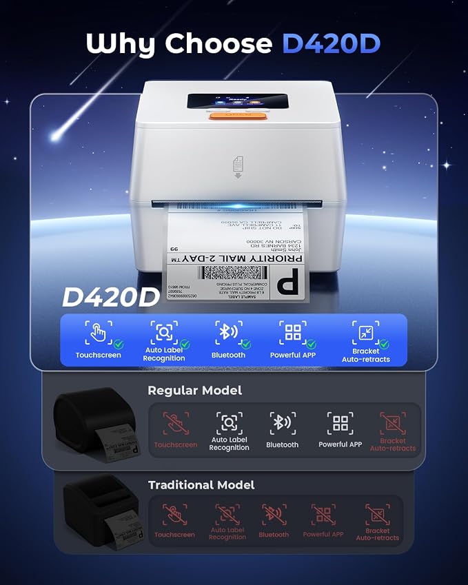 Phomemo Bluetooth Thermal Label Printer with Touchscreen & 3 Roll Labels | D420D Shipping Label Printer 4x6 with Built-in Label Bin, Thermal Printers Come with 750PCS 4x6‬ Labels (250 Labels/Roll)