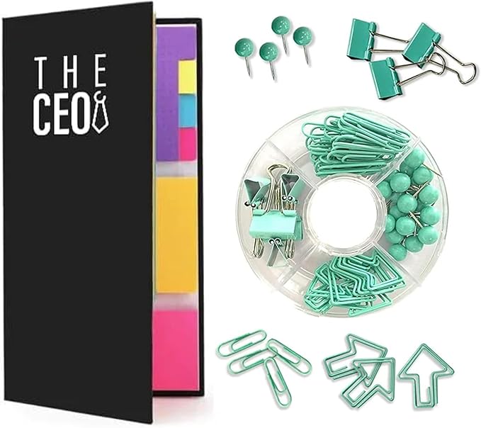 THE CEO Sticky Note Tabs Set Combines Sticky Notes with Office Rubber Bands & Paper Clips - Stay Productive & Prepared with Paper Notes that Brighten Your Desk - Fun Gift for Students & Professionals