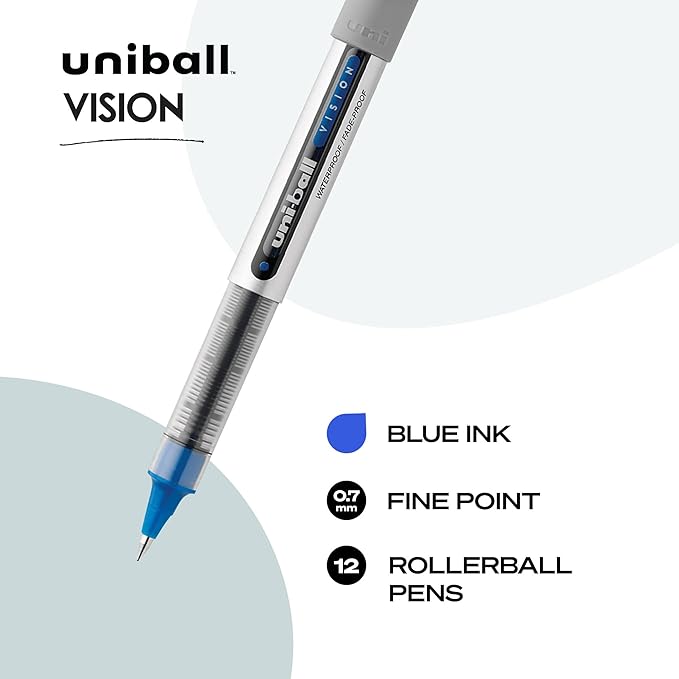 Uni-Ball uniball Vision Rollerball Pens with 0.7mm Fine Point,Blue,(Pack of 24)