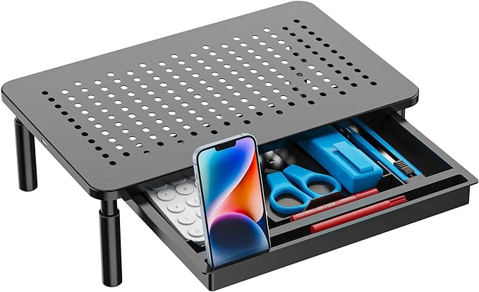 WALI Computer Monitor Stand with Storage, Desk Monitor Riser 3 Height Adjustable, Laptop Riser with Airflow Vents, Desk Organizer for Computer, Laptop, Printer, Notebook (STT003D-B), 1 Pack, Black | 3 Height Adjustable Laptop Monitor Riser with Airflow...