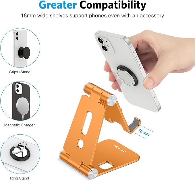 OMOTON Foldable Cell Phone Stand, C4 Portable Aluminum Phone Holder | Adjustable Phone Dock Cradle Compatible with iPhone 17/16/15 Pro Max Air, Samsung Galaxy, Small Tablets, SmartPhones, Orange