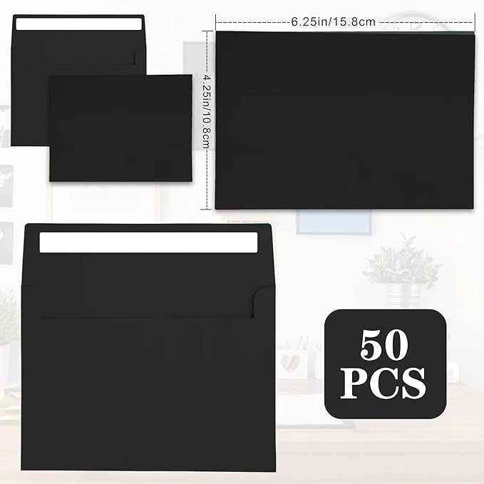 50Packs A4 Black Envelopes 4x 6 Inch Card Envelopes,Self Seal for Weddings, Greeting Cards，Mailing， Invitations, Photos, Postcards