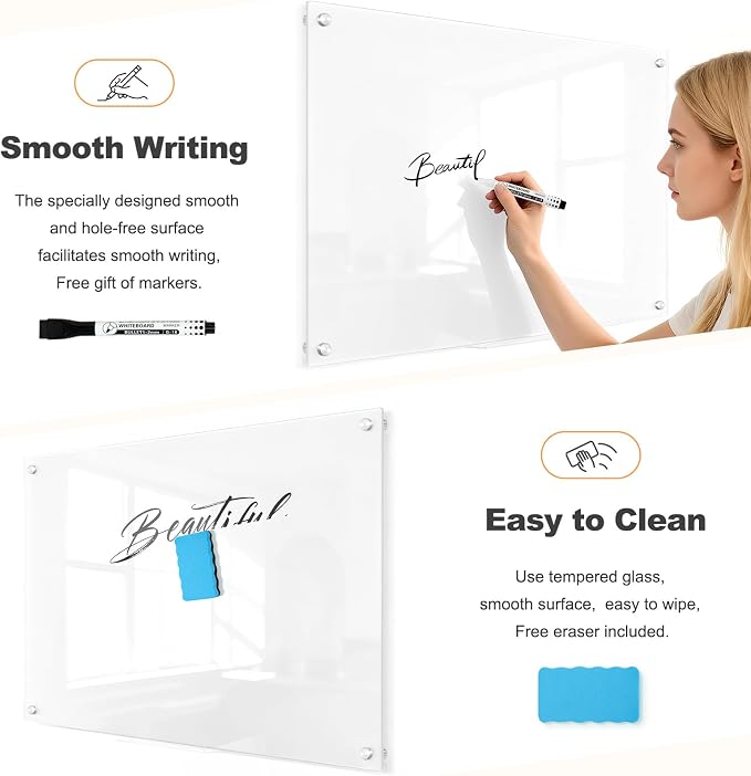 Glass Dry Erase Board, Magnetic Tempered Glass Whiteboard 24" x 18" (2'x1.5'), Ultra White