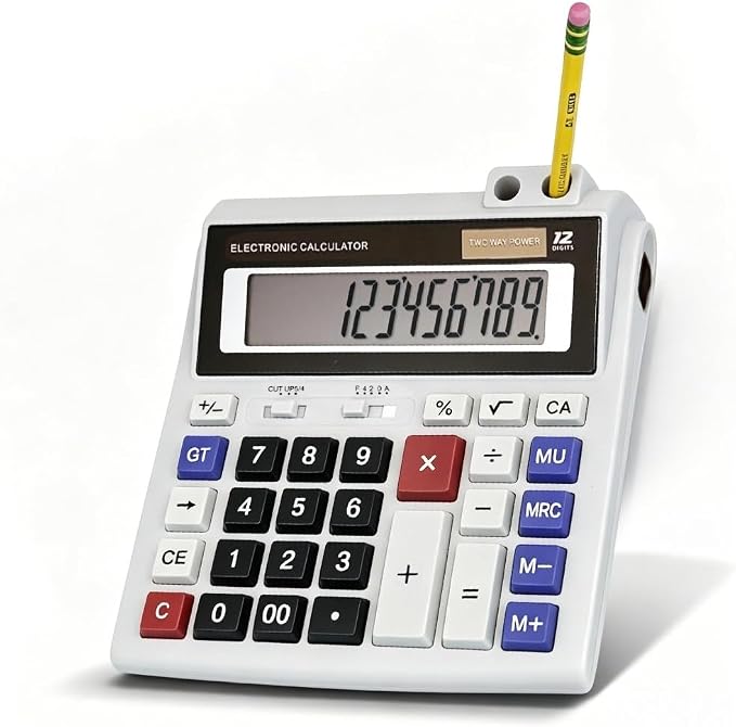 Lily's Home 12-Digit Large Desktop Calculator with Pen Holder, Dual Power (Solar & Battery) - Big Button 5 Inch LCD Display for Office, School, Home, Accounting, Taxes, and Back to School Supplies