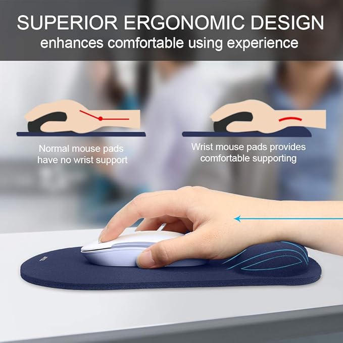 TECKNET Mouse Pad with Wrist Support, Ergonomic Gaming Mouse Pad Pain Relief, Portable Comfortable Mousepad for Computer, Laptop, Office, Home and Travel, Non-Slip Base, Waterproof Surface, Blue