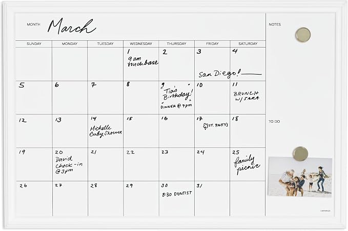 U Brands Magnetic Dry Erase Calendar White Board, 30" x 20", White Wood Style Frame, Includes Magnets | 30 x 20 in. Monthly grid plus notes and to-do sections. Magnetic painted steel. Hangs either way. 5-year warranty.