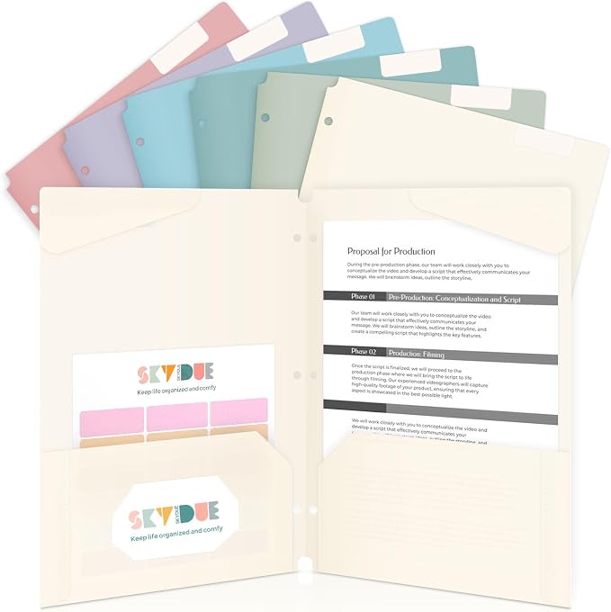 SKYDUE Plastic Folders with Pockets, 6 Pack File Folders with Tabs & Stay-Put Flaps, 3 Hole Punch 2 Pocket Folders for 3 Ring Binder, Letter Size Document Organizer for School Office, Boho Pastels