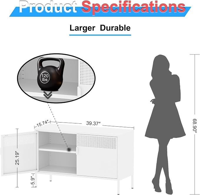 Washsemba 2 Door Storage Sideboard, Metal Storage Cabinet with 2 Adjustable Shelf,Multipurpose Metal Accent Cabinet for Office Home,Music Studio (White, 25''H)