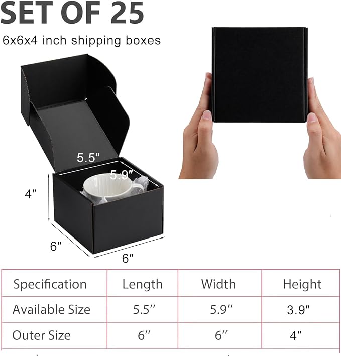 6x6x4 inch Black Shipping Boxes for Small Business- Set of 25 | Sturdy ECT 32 Corrugated Cardboard Mailer Boxes, Easy Assemble for Packaging, Mailing, Gift