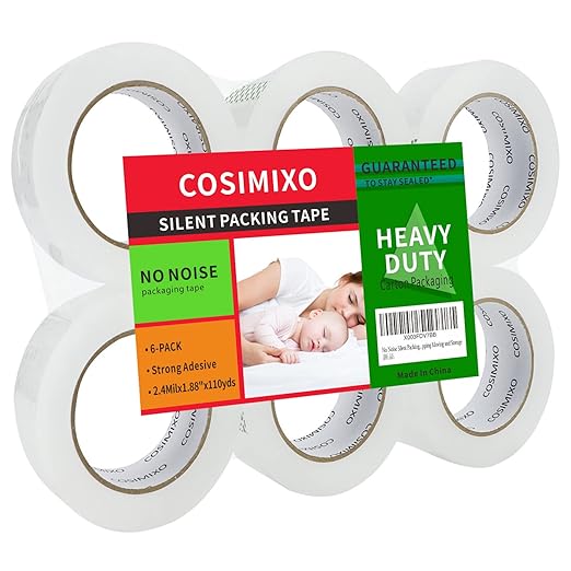 COSIMIXO 6-Pack No Noise Silent Packing Tape 2.4mil x 1.88" x 110Yards,Industrial Heavy Duty Noiseless Packaging Tape for Quiet Packing Shipping Moving and Storage